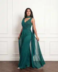 abito cerimonia donna con pantalone e gonna verde da provare da flypel